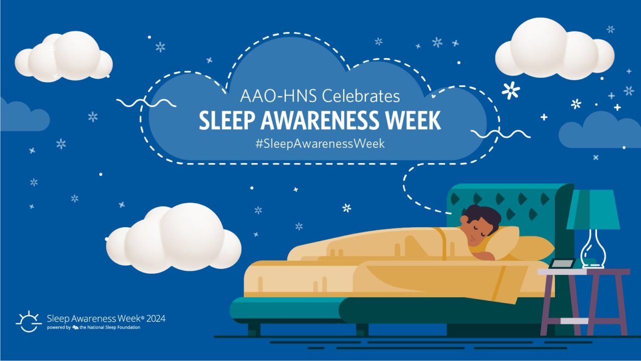graphic picture with man sleeping in bed surrounded by clouds with wording Sleep Awareness Week